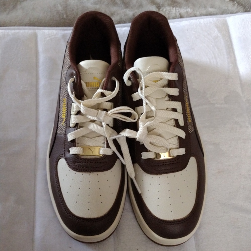 Puma Brown and Cream Herringbone Low-Top Sneakers - Picture 5 of 9